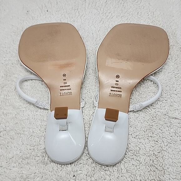 🐲SCHUTZ🐲 AGATHA MID SQUARE TOE WHITE LEATHER LADIE 6 CROME KITTEN HEELS NWOB - Picture 14 of 16